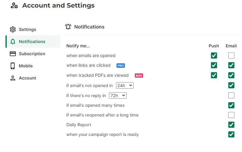 Notification settings in Mailtrack