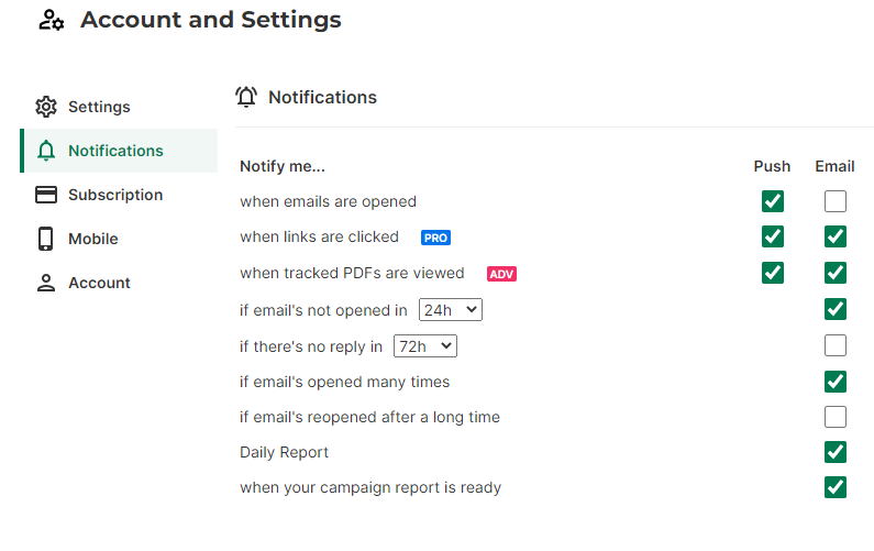 Notification settings in Mailsuite