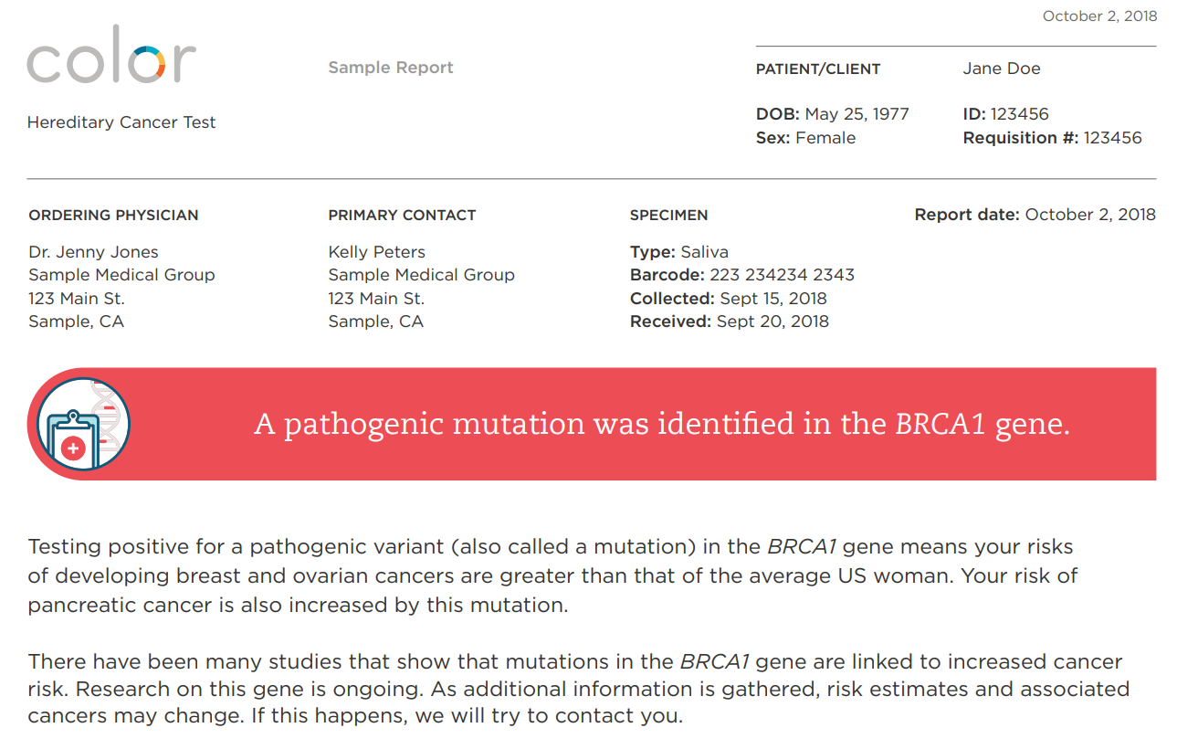 Detailed Color Genomics report on hereditary cancer test informing that a pathogenic mutation was identified in the BRCA1 gene