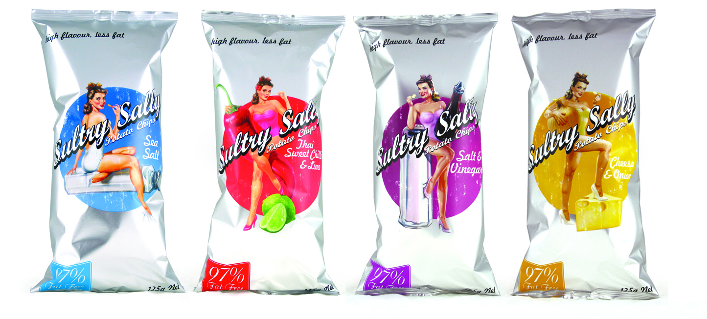 In 2008, Sultry Sally Potato Chips filled a gap in the market for a healthy, tasty snack. Our food packaging design appealed to an audience searching out a healthier food alternative on shelf