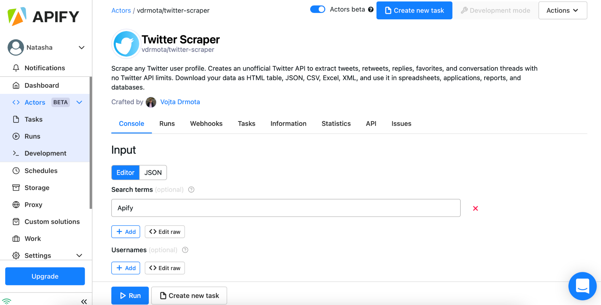 Twitter Scraper page in Console