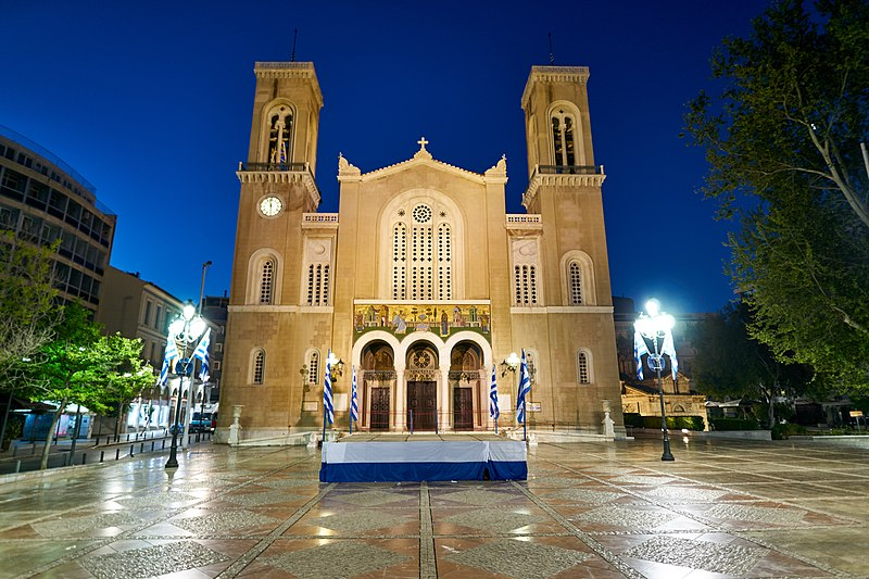 The Metropolitan Cathedral of Athens. also known as Metropolis, as seen at night