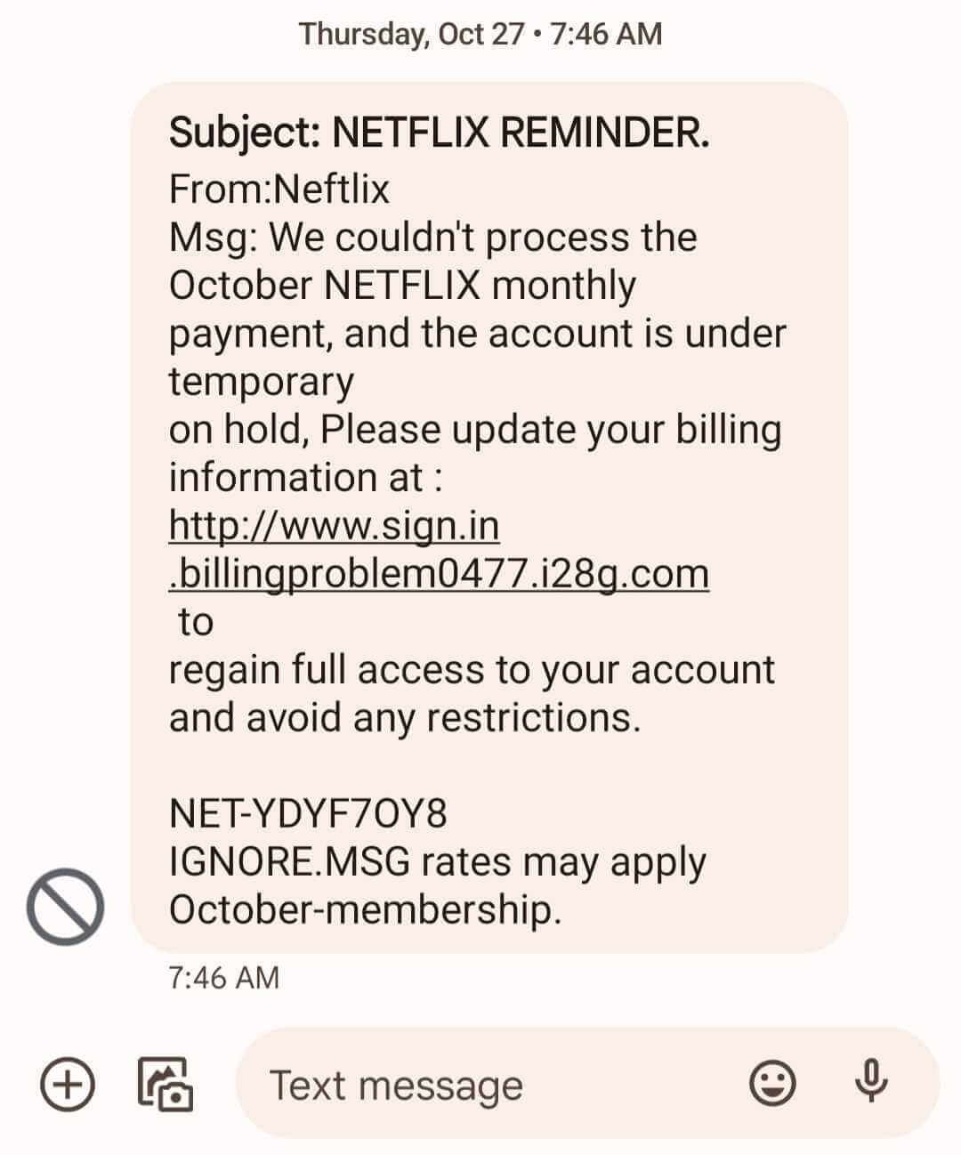 example of Netflix spam text