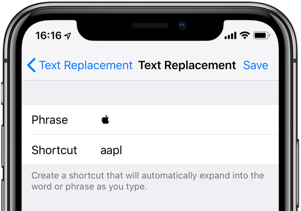The Text Replacements feature lets you assign the Apple logo symbol to a custom phrase