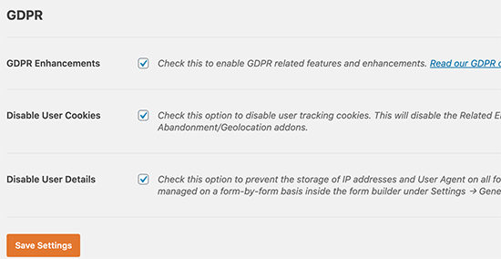 Configurações do GDPR do WPForms