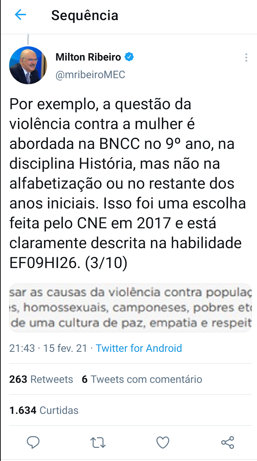 Reprodução do Twitter do Ministro Milton Ribeiro.