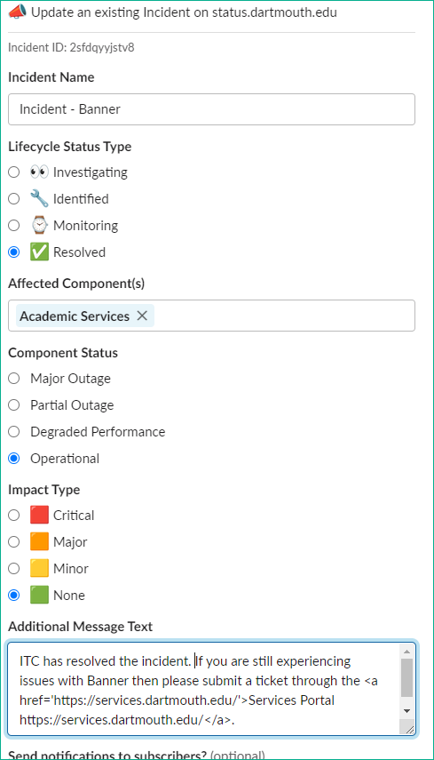 screenshot of Slack app to update an incident