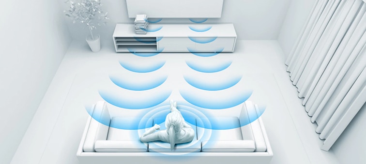 Graphic showing a person sitting on a sofa watching TV and experiencing sound optimisation with sound waves highlighted