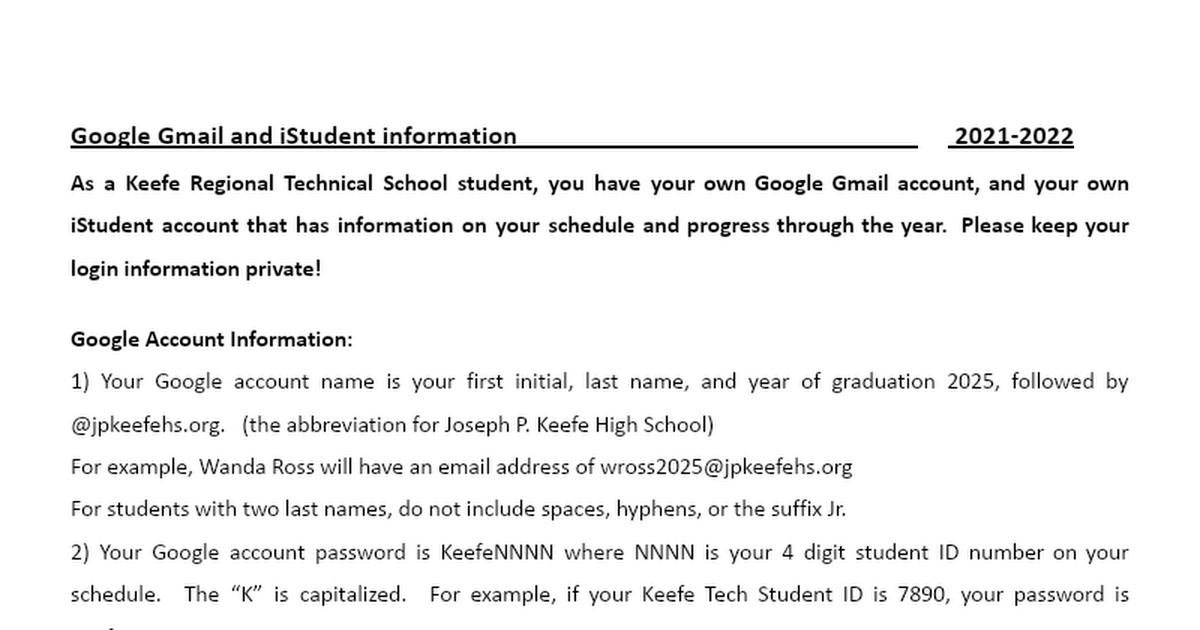 2020-21 Gmail and iStudent Login info