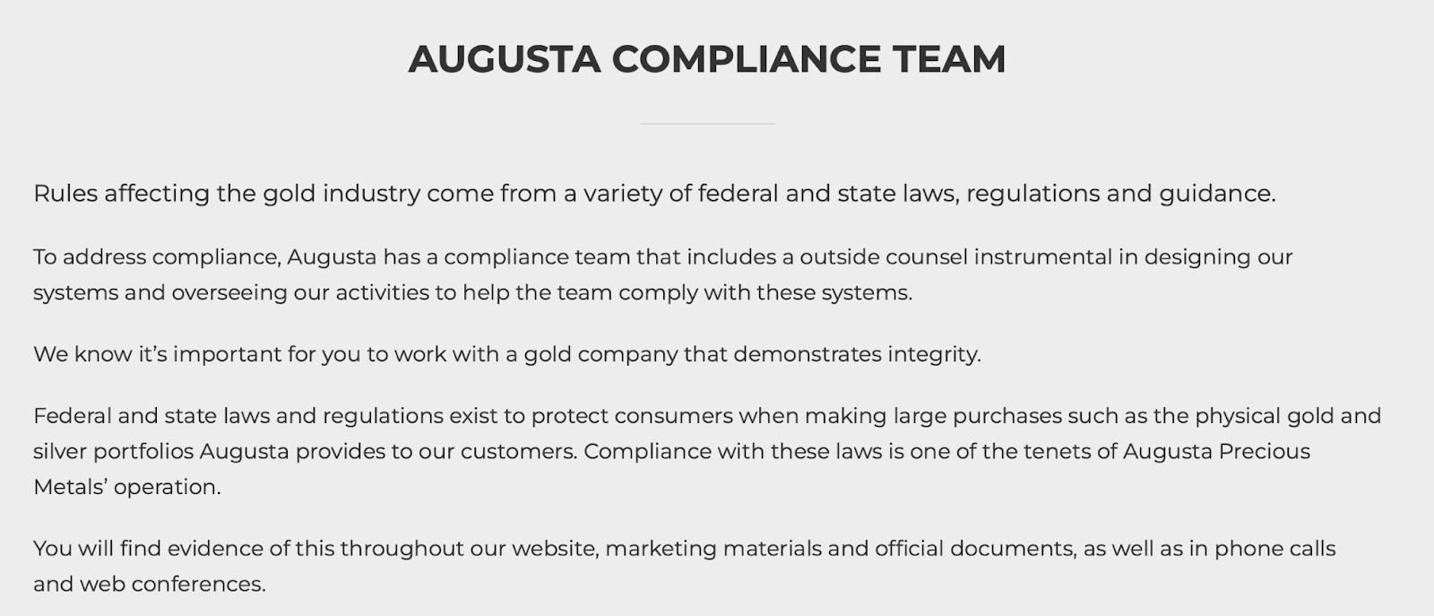 Augusta Precious Metals compliance