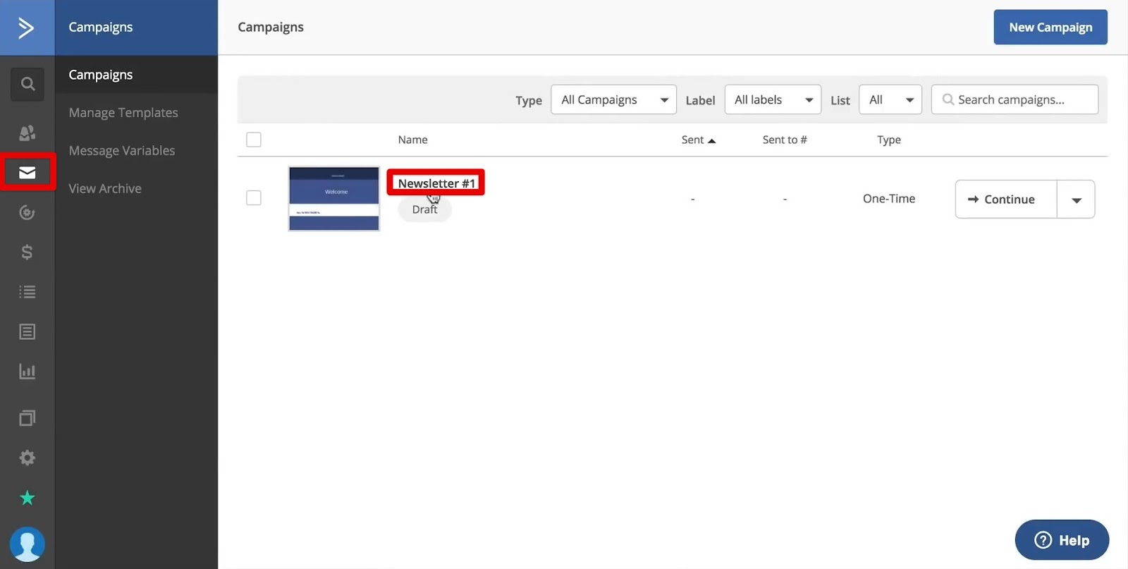 Selecting the test campaign Newsletter #1 in ActiveCampaign