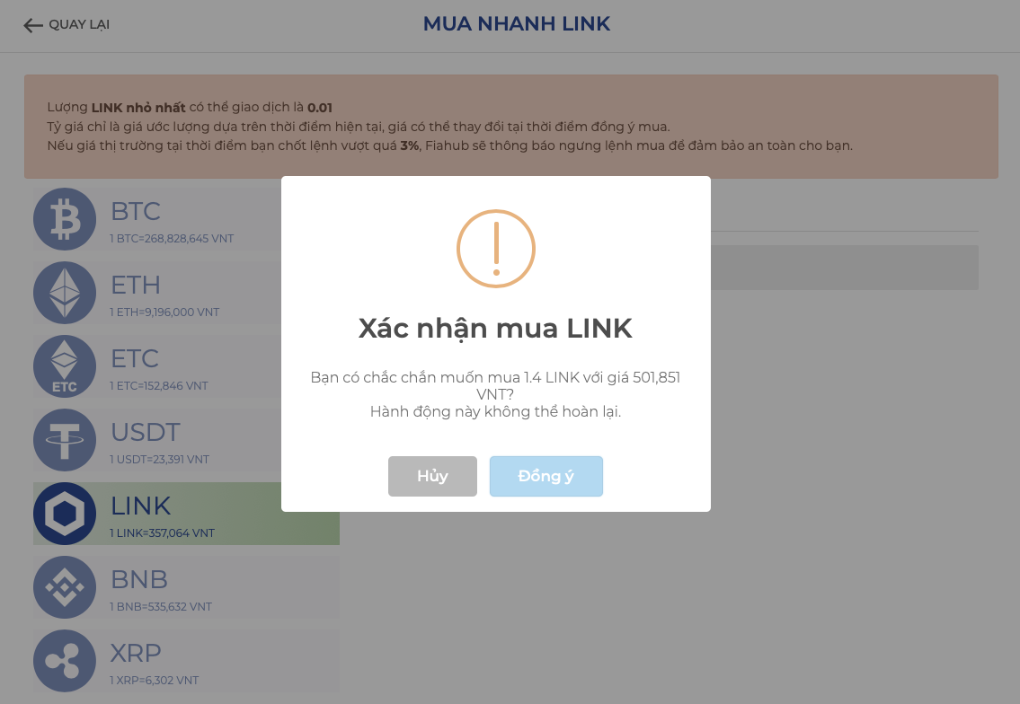 Xác nhận mua đồng LINK. © Ảnh chụp màn hình.