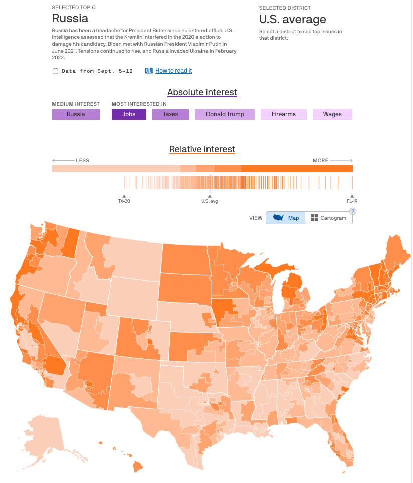 Map of US showing relative search interest in Russia, with districts shown in a range of shades of orange, and with an accompanying barcode chart providing more detail on the distribution of results