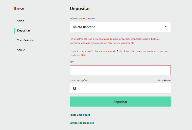 como depositar bet365