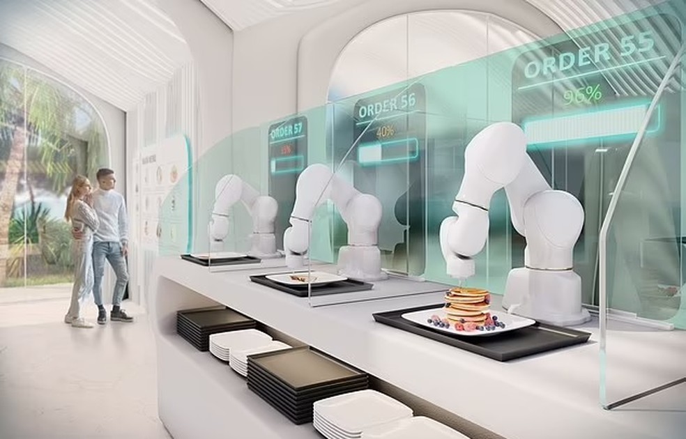 Impressoras 3D fazendo na hora qualquer tipo de comida nos restaurantes dos hotéis também estão entre as previsões futurísticas do relatório — Foto: Divulgação