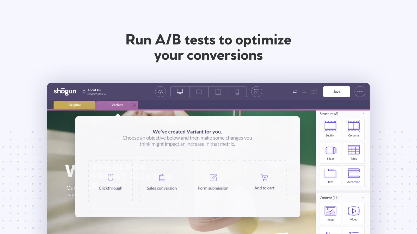 Run AB tests + countdowns to optimize your page conversion rate.