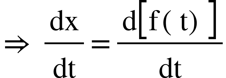 <math xmlns="http://www.w3.org/1998/Math/MathML"><mo>&#x21D2;</mo><mo>&#xA0;</mo><mfrac><mi>dx</mi><mi>dt</mi></mfrac><mo>=</mo><mfrac><mrow><mi mathvariant="normal">d</mi><mfenced open="[" close="]"><mrow><mi mathvariant="normal">f</mi><mfenced><mi mathvariant="normal">t</mi></mfenced></mrow></mfenced></mrow><mi>dt</mi></mfrac></math>