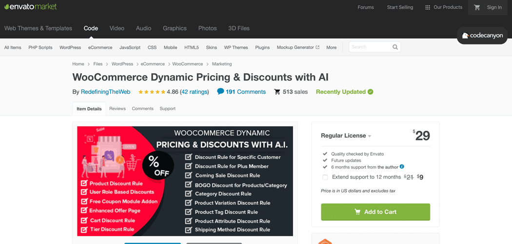 WooCommerce Dynamic Pricing & Discounts with AI plugin page in the Envato Marketplace.