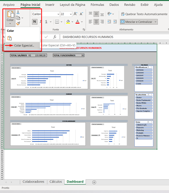 opção colar dashboard no Excel