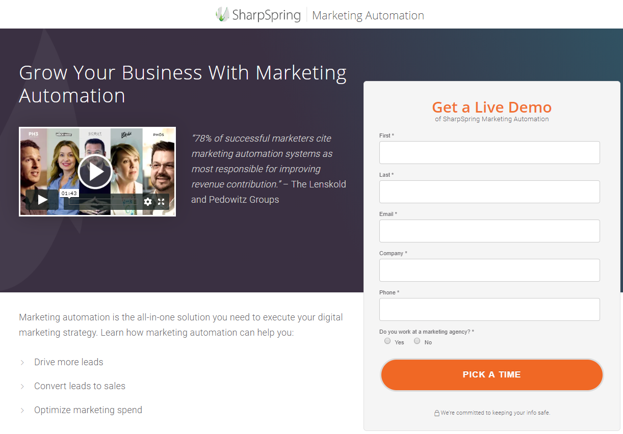sharpspring uses a video on their landing page to optimze the post-click experience.