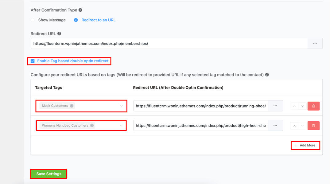 Tag-based redirect after double optin