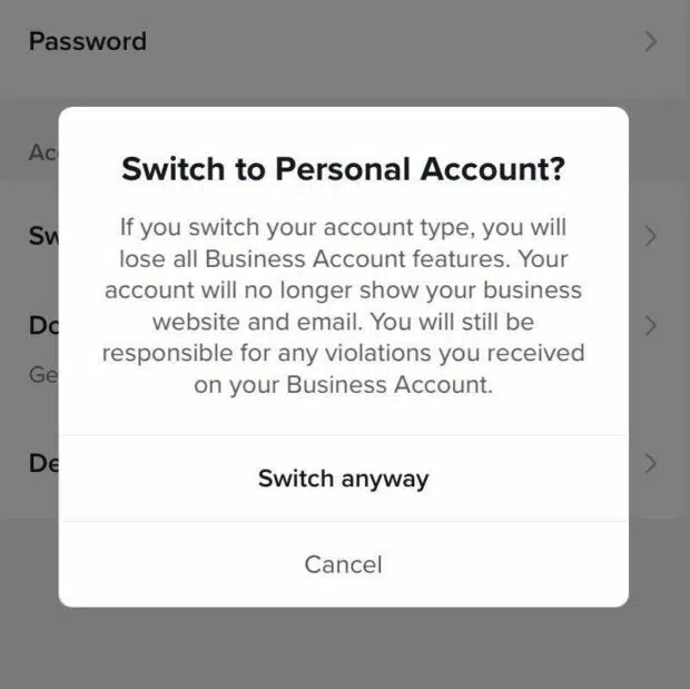 Captura de tela de uma mensagem do TikTok ao mudar de uma conta comercial para uma conta pessoal. 