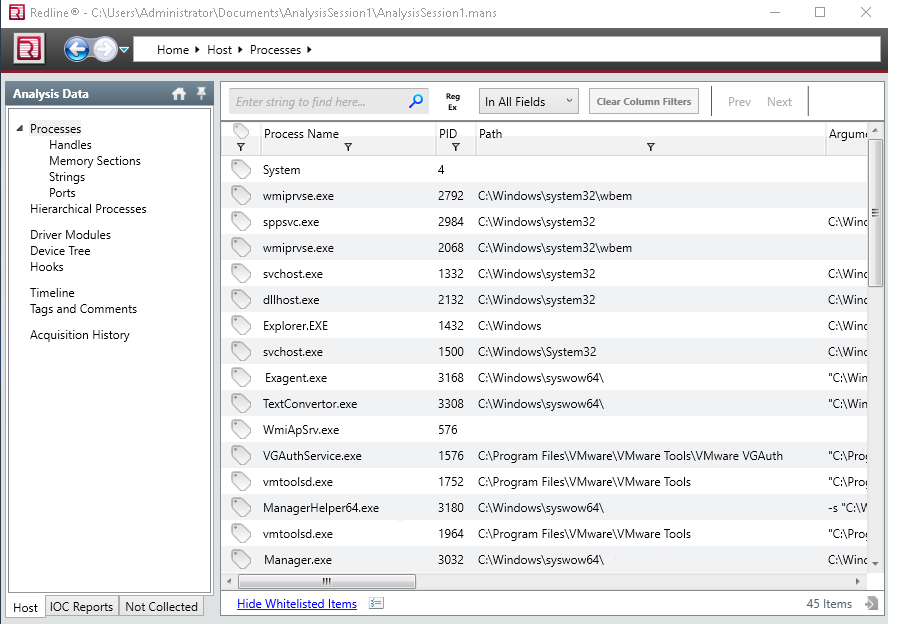 The process preview of the physical memory dump analysis with Redline for Windows 7 x64