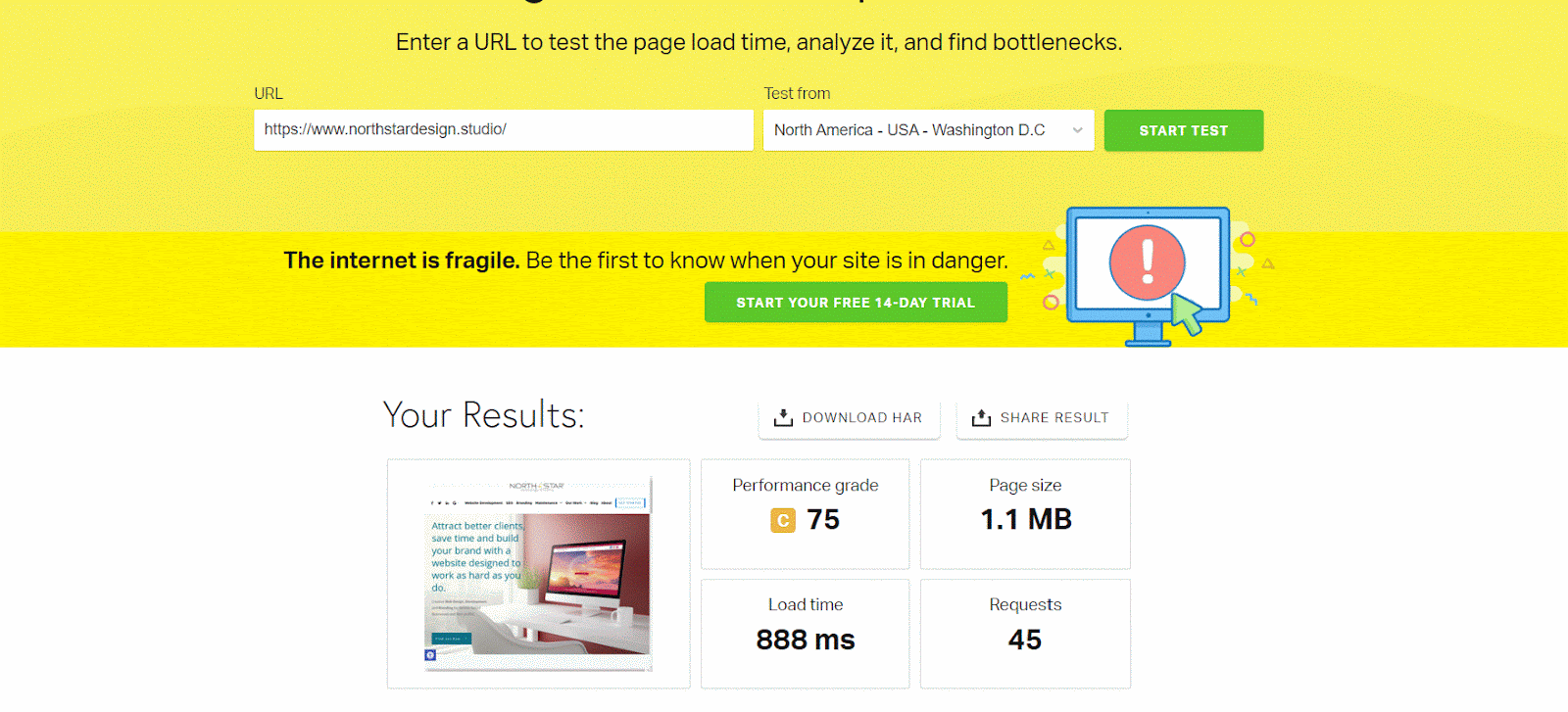 Image of medium score for Pingdom lacking a Website Optimization Strategy