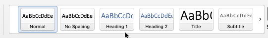 Word for Mac, Home Tab, Styles Pane, cursor pointing to Heading 1 using a blue font
