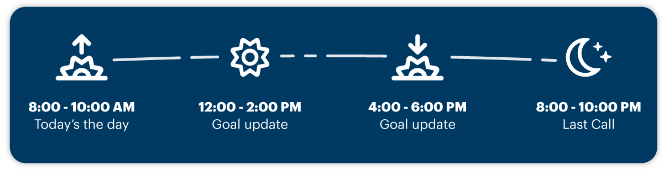 Provide goal updates at 12 and 4 pm