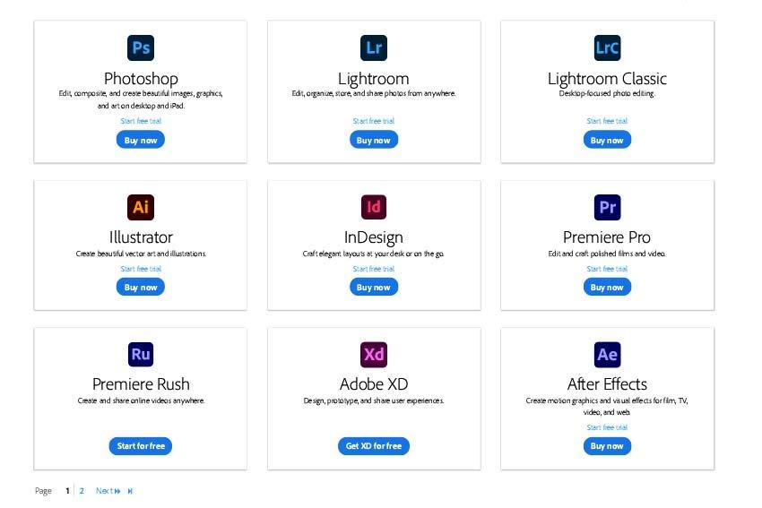 All Adobe Products with Free trials