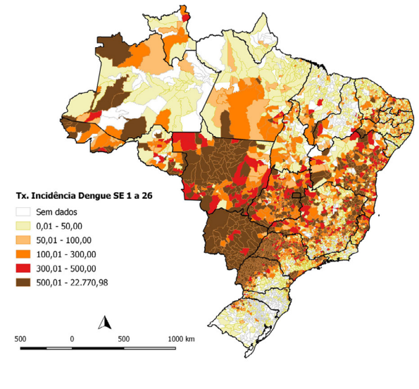 Mapa do Brasil identificando as regiões de maior incidência da dengue