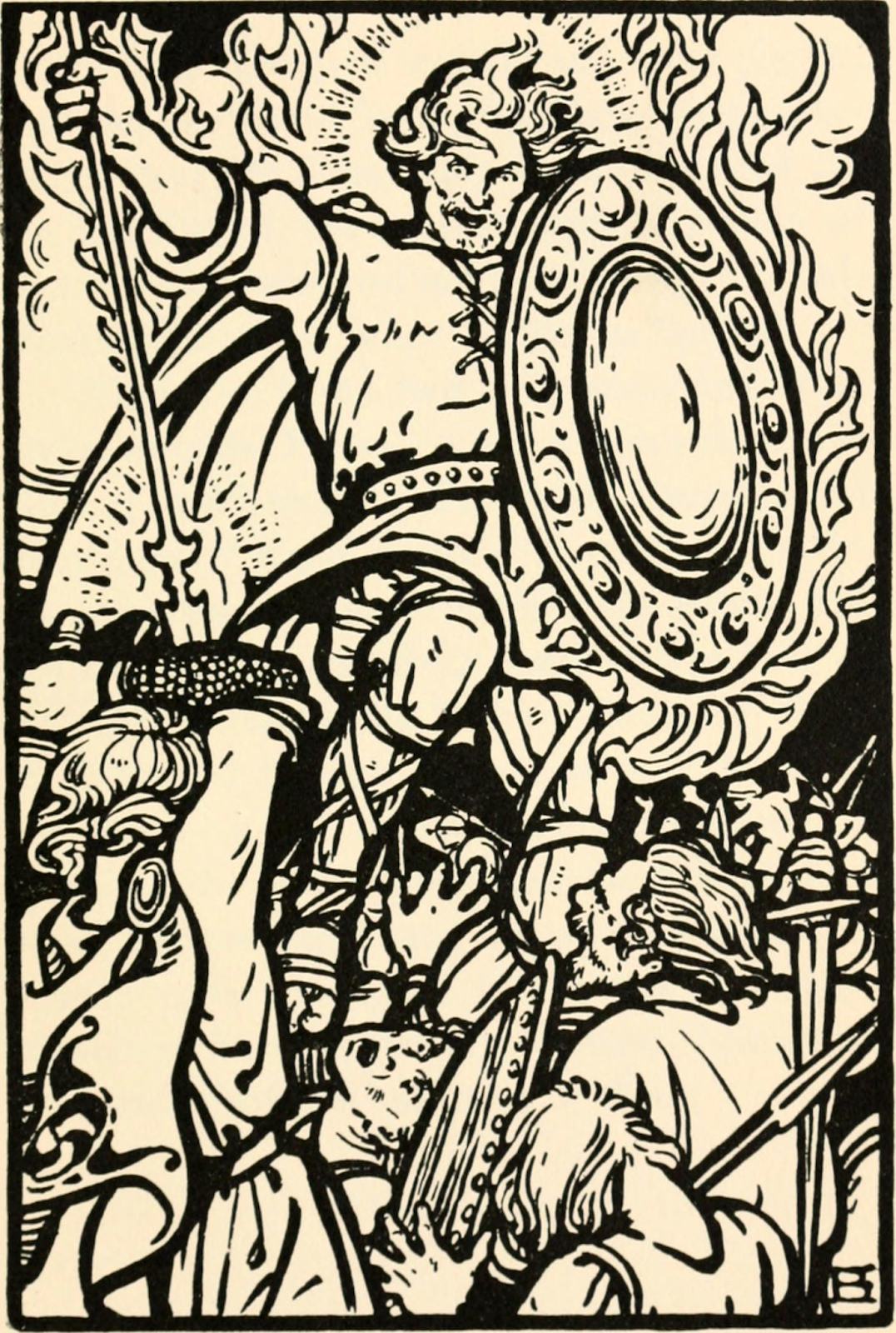 A block print of an early medieval warrior with a long spear and shield, in midair, topping his enemies.