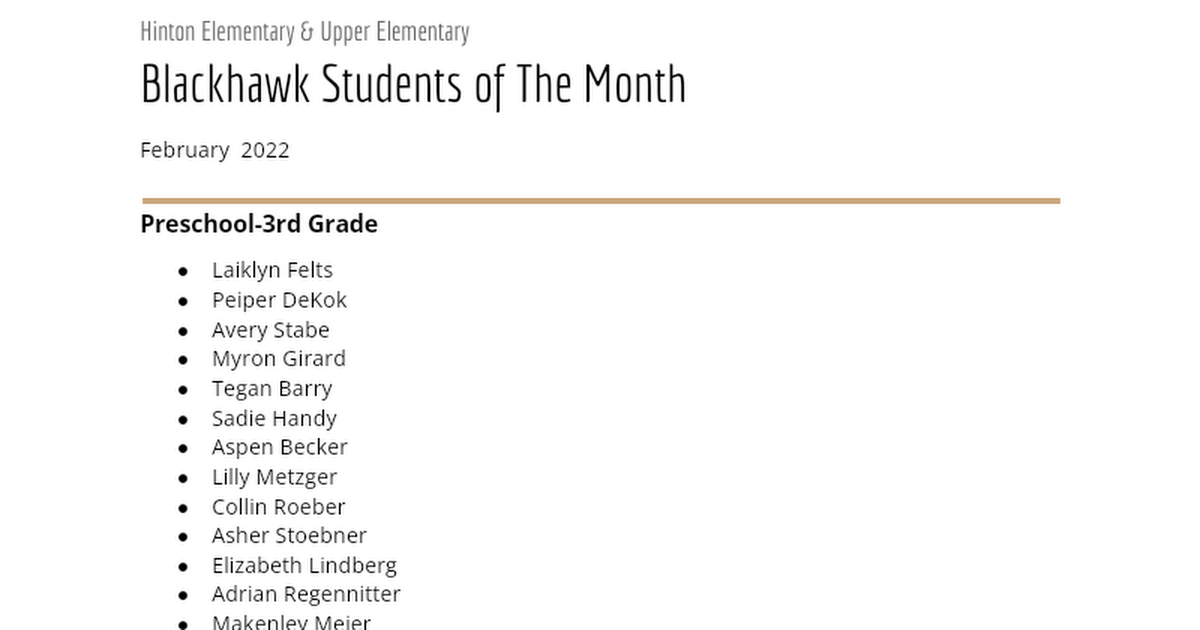 PBIS Students of the Month Newsletter