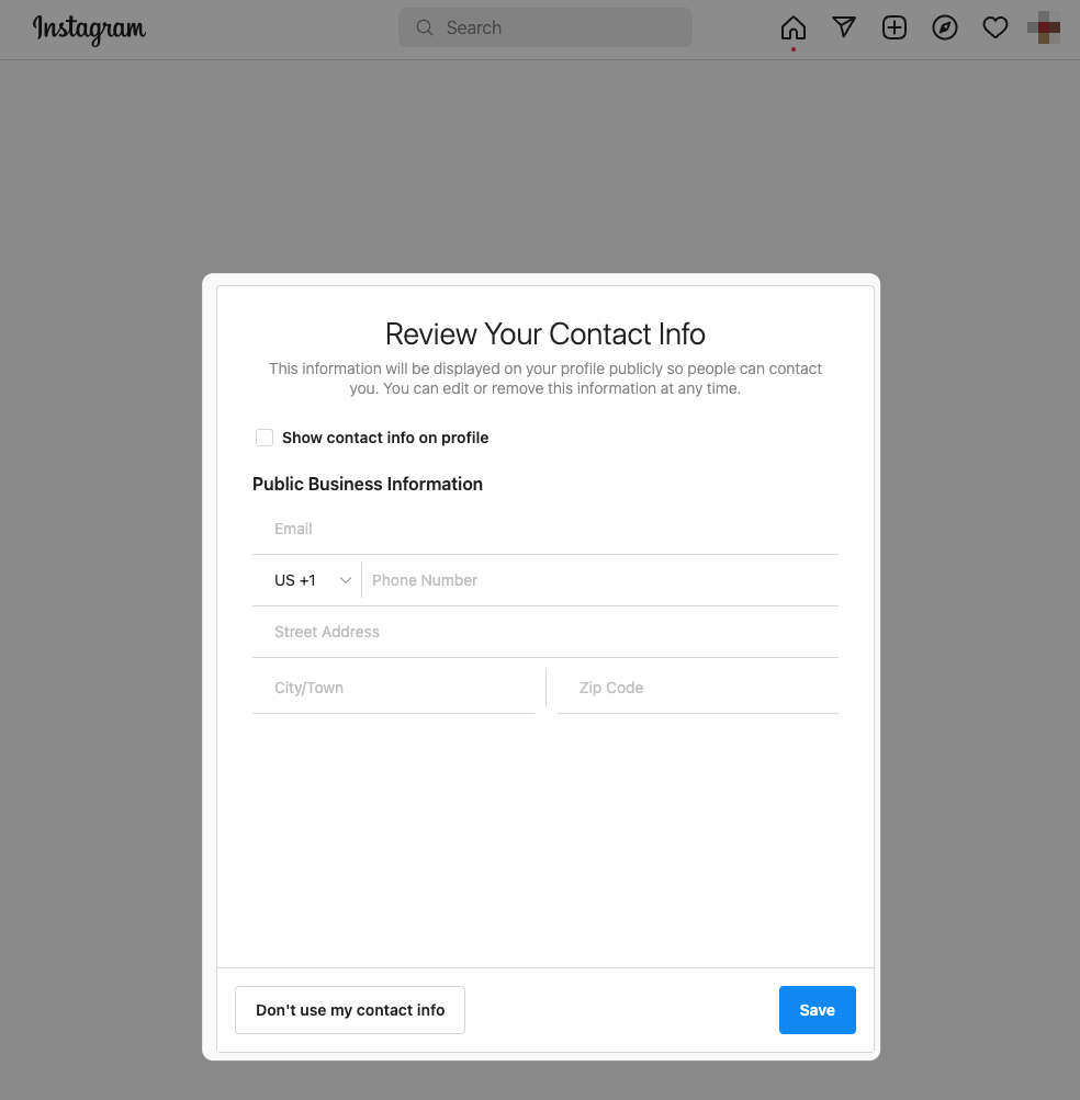 Screenshot of Instagram prompting user to review their contact information