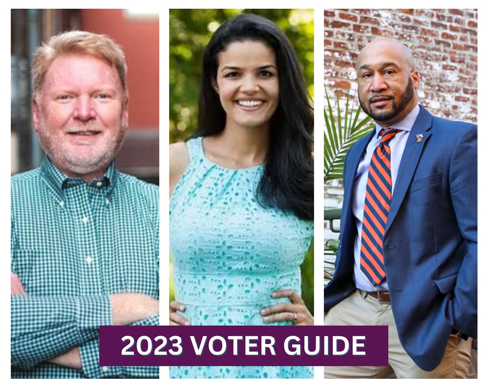 Headshots of three individuals smiling at the camera are positioned side by side in a collage. At the bottom of the collage are the words, "2023 Voter Guide."