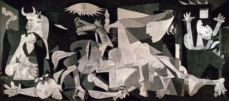 Obra de arte Guernica, do pintor espanhol Pablo Picasso. Retrata o bombardeio à cidade de Guernica durante a Guerra Civil Espanhola (1936-1939), conforme características do cubismo