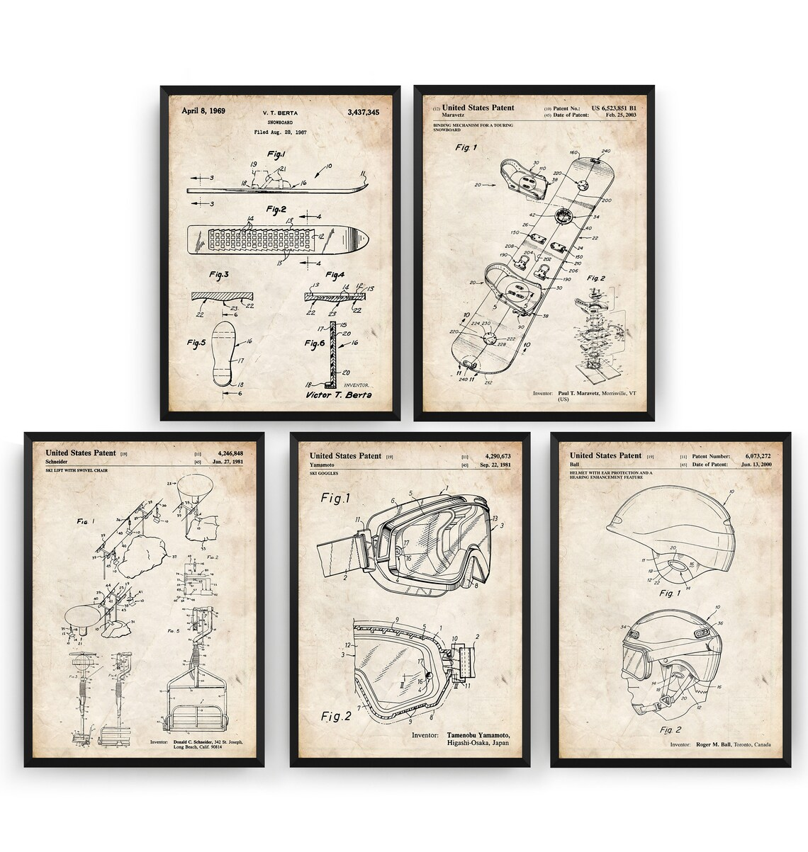Snowboarding Set Of 5 Patent Prints
