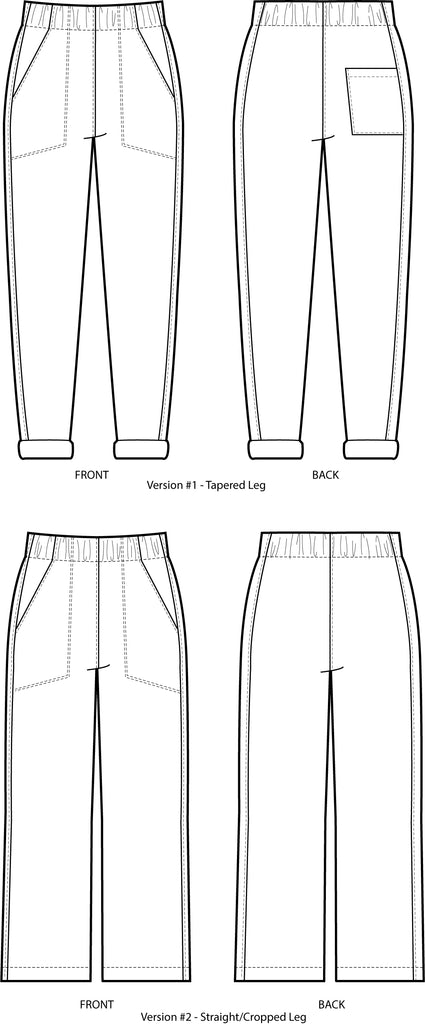 A black and white line drawing of pants with an elastic waist & deep front pockets.  In one version, the legs are tapered and a back patch pocket is added; in the second version, there is no back pocket and the pants are wide legged.  Both pairs of pants have a panel extending from waistband to cuff at both sides.