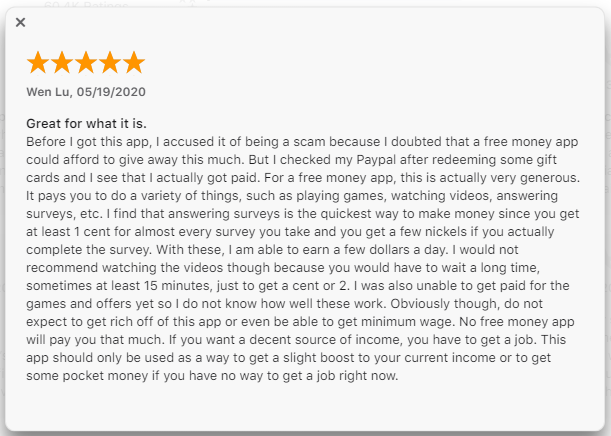 5-star Swagbucks review says they've gotten PayPal payments after redeeming some gift cards. 