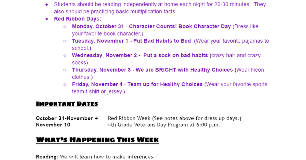 4th Grade Newsletter 10/31/22