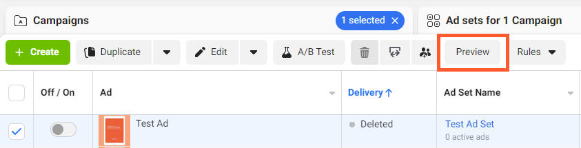 Find the deleted campaign on Facebook and click preview
