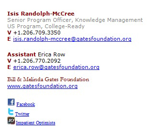 Example of an email signature showing name, position, organization, phone number, email address, website, and social media links