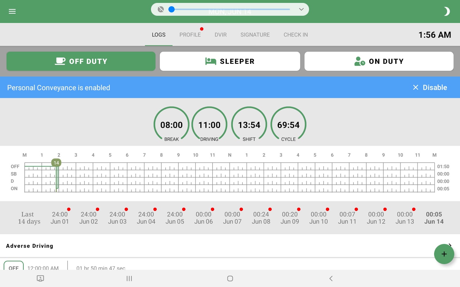 ture available to your fleet, you can simply just check the Personal Conveyance box under the “Location” field. The application will show that you’re using the status by providing a blue box over the time chart.