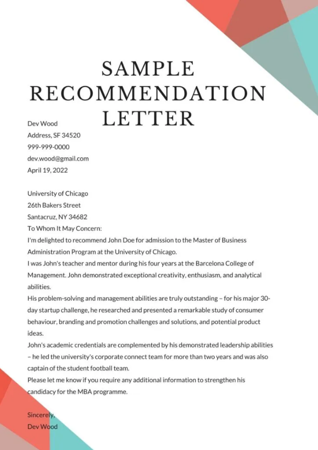 Example of recommendation letter