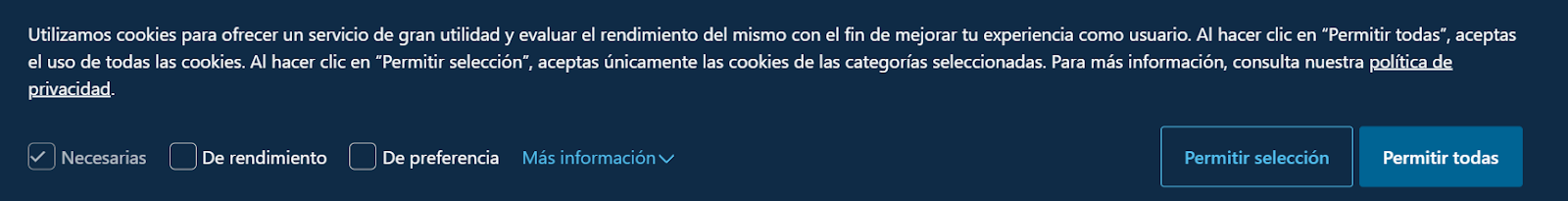 Ejemplo de aviso de Cookies de una página web