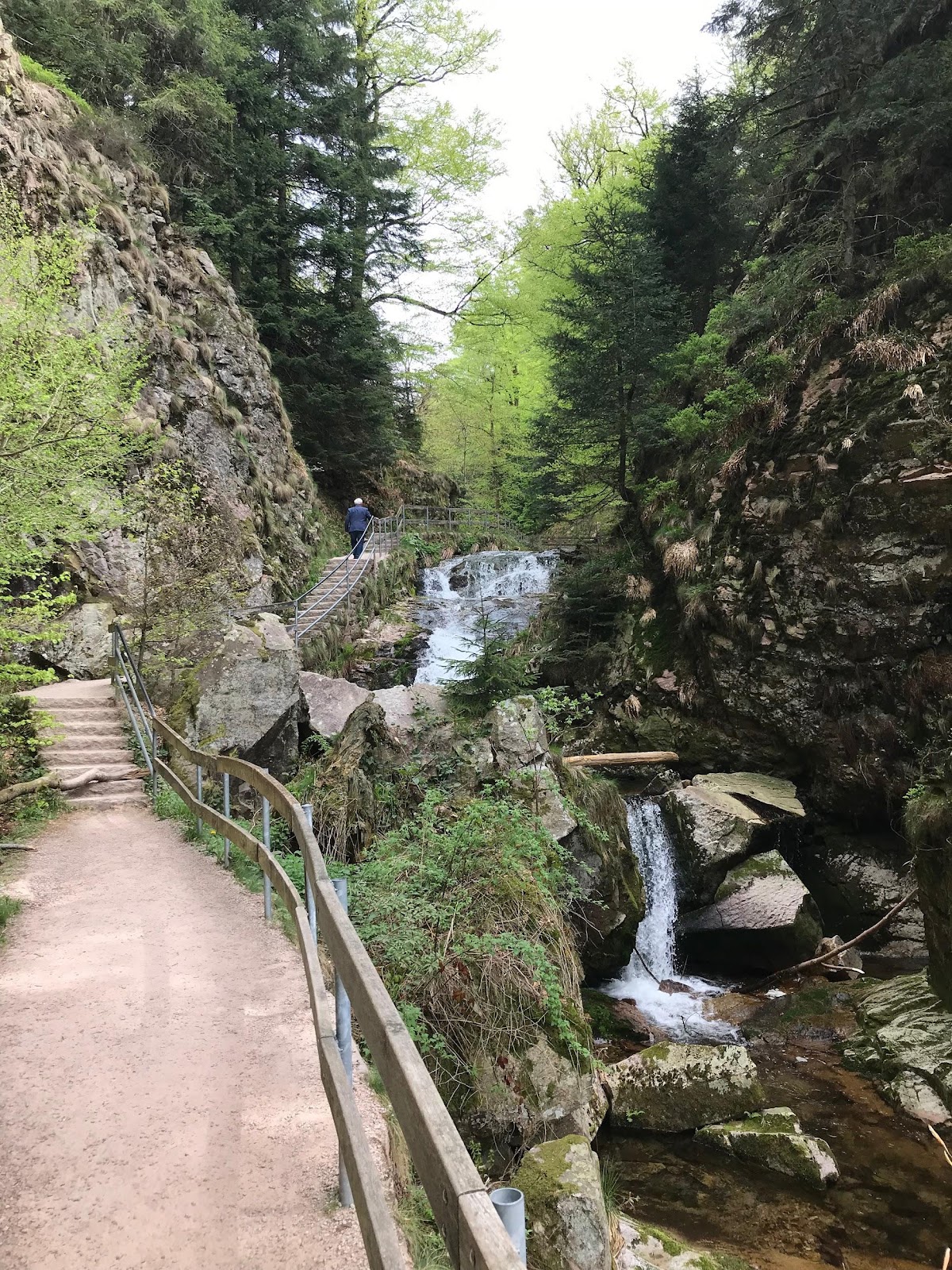 man walking up path next to allerheiligen waterfalls in germany surrounded by tall mountains and dense forest. See Allerheiligen waterfalls during our Black Forest Road Trip itinerary.