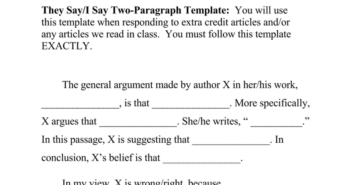 Florez They Say I Say Two Paragraph Template Google Docs