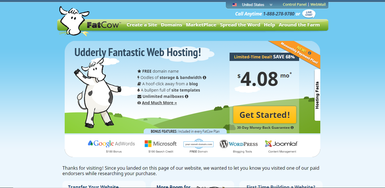 Screenshot of FatCow's web hosting offer