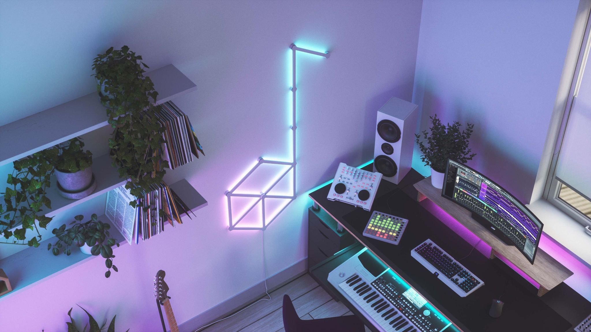 Lines Rhythm Music Visualizer feature in a music studio with smart LED light lines in a music note design.